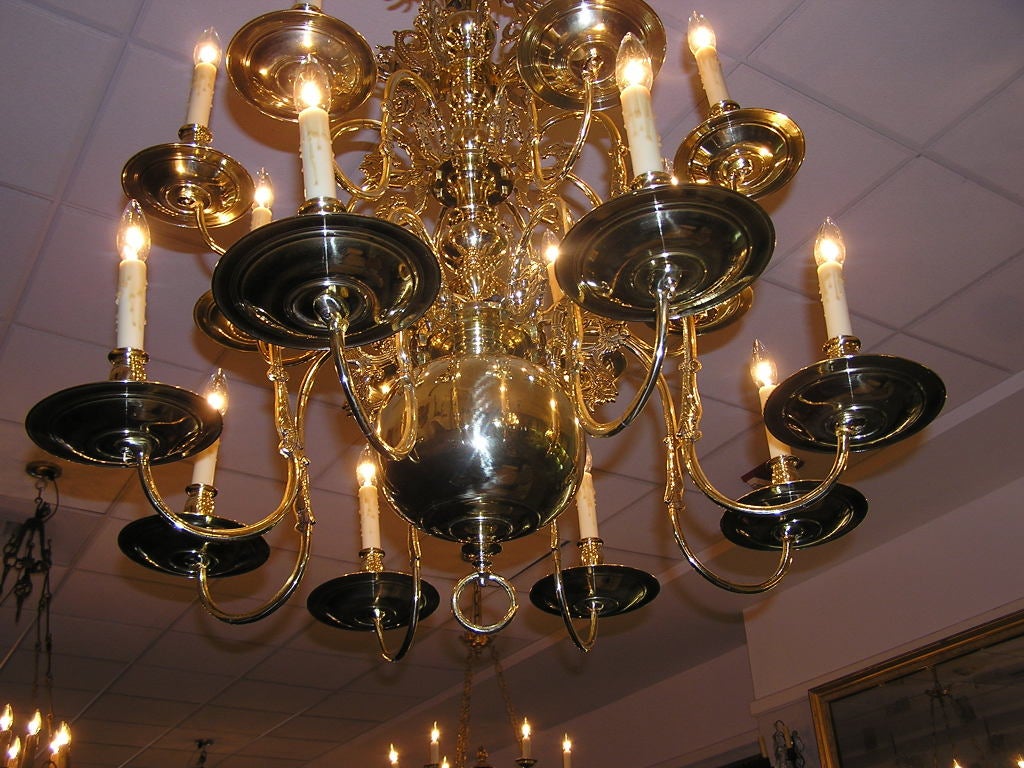 Mid-18th Century Dutch Colonial Brass Sixteen Arm Chandelier with Engraved Double Eagles, C. 1760