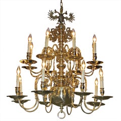 Antique Dutch Colonial Brass Sixteen Arm Chandelier with Engraved Double Eagles, C. 1760