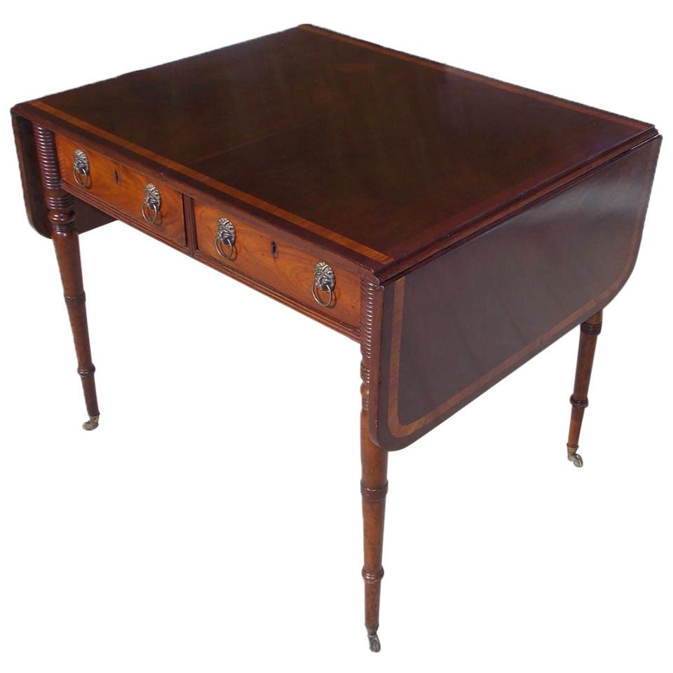 English Regency Mahogany Inlaid Library / Sofa Table on Brass Caster, C. 1790 For Sale