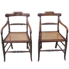 Pair of English Regency Brass Inlaid Kingwood Arm Chairs with Cane Seats. C 1815