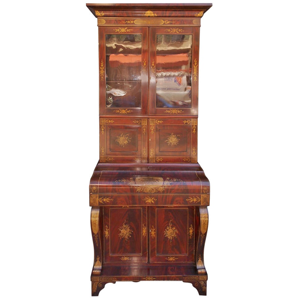 American Mahogany and Stenciled Secretary with Bookcase. NY Circa 1825 For Sale