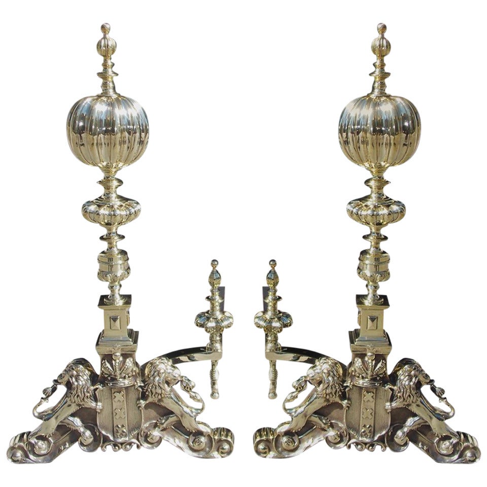 Pair of English Period Regal Fluted Ball Top and Lion Andirons, Circa 1820