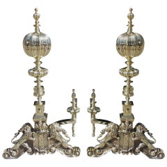 Antique Pair of English Period Regal Fluted Ball Top and Lion Andirons, Circa 1820