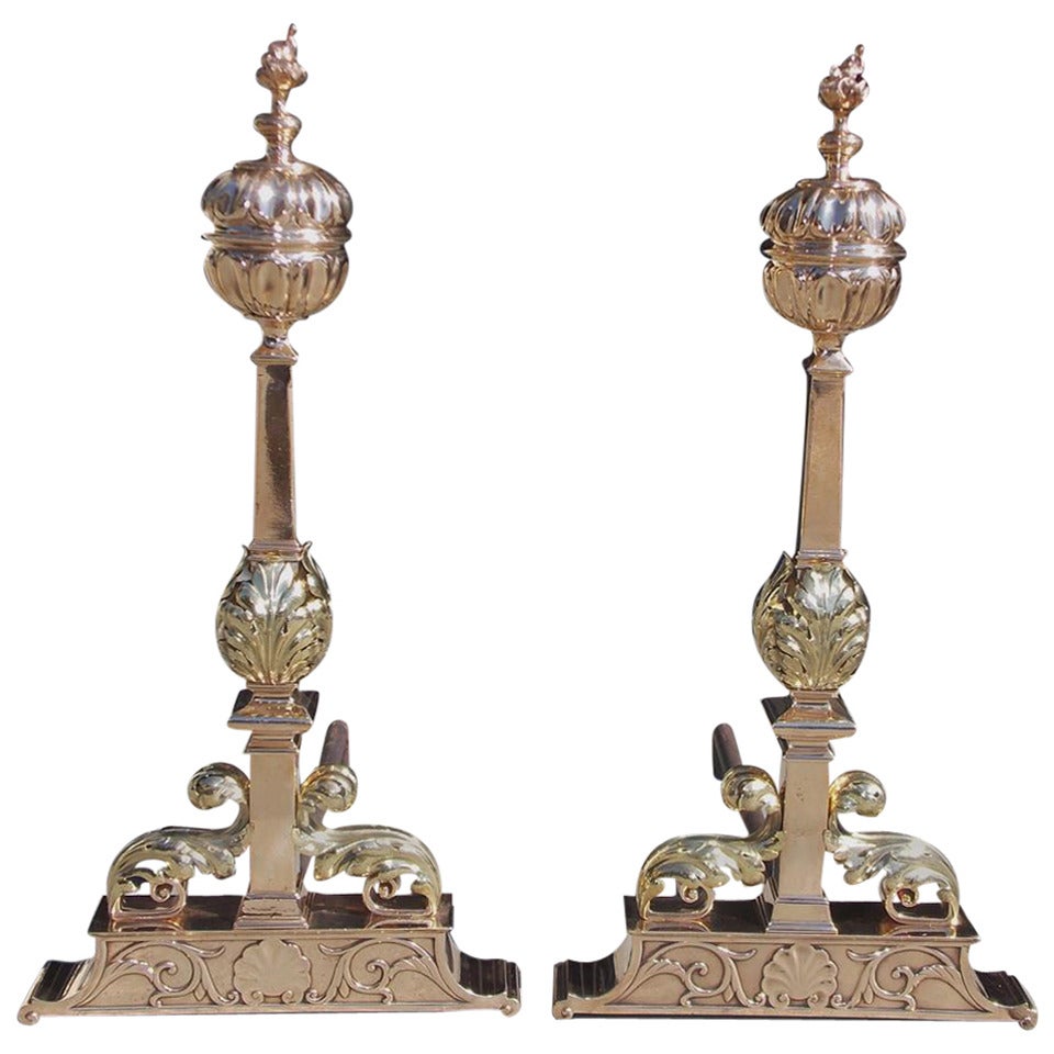 Pair of American Bronze Fluted Ball Top and Flame Andirons, Circa 1840