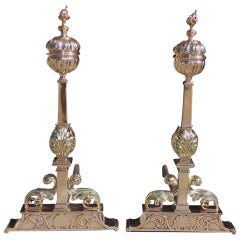 Antique Pair of American Bronze Fluted Ball Top and Flame Andirons, Circa 1840