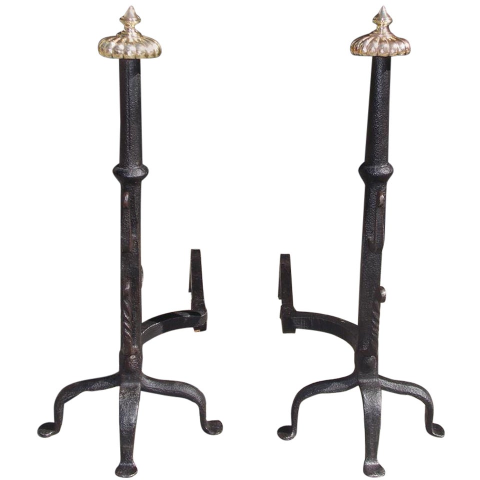 Pair of American Wrought Iron and Brass Melon Top Andirons, Circa 1780 For Sale