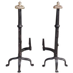 Antique Pair of American Wrought Iron and Brass Melon Top Andirons, Circa 1780