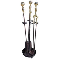 Set of American Wrought Iron and Brass Ball Top Fire Tools on Stand, Circa 1820
