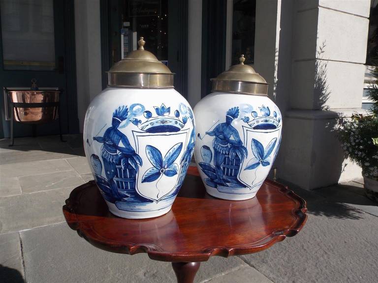 18th Century and Earlier Pair of Dutch Hand-Painted and Glazed Tobacco Jars, Circa 1770