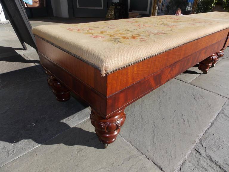 Brass Pair of American Flame Mahogany Needlepoint Hall Benches. Baltimore, Circa 1820 For Sale