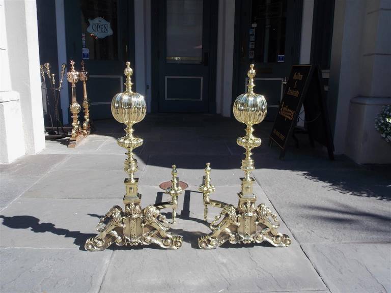 George III Pair of English Period Regal Fluted Ball Top and Lion Andirons, Circa 1820 For Sale