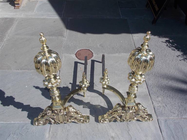 British Pair of English Period Regal Fluted Ball Top and Lion Andirons, Circa 1820 For Sale