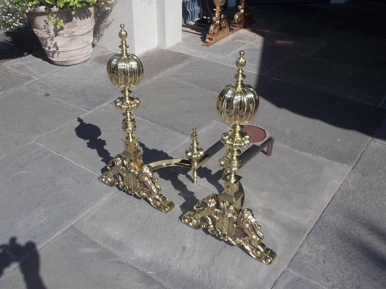 19th Century Pair of English Period Regal Fluted Ball Top and Lion Andirons, Circa 1820 For Sale