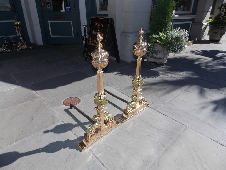 American Empire Pair of American Bronze Fluted Ball Top and Flame Andirons, Circa 1840 For Sale