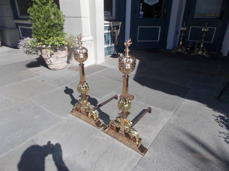 Pair of American Bronze Fluted Ball Top and Flame Andirons, Circa 1840 In Excellent Condition For Sale In Charleston, SC