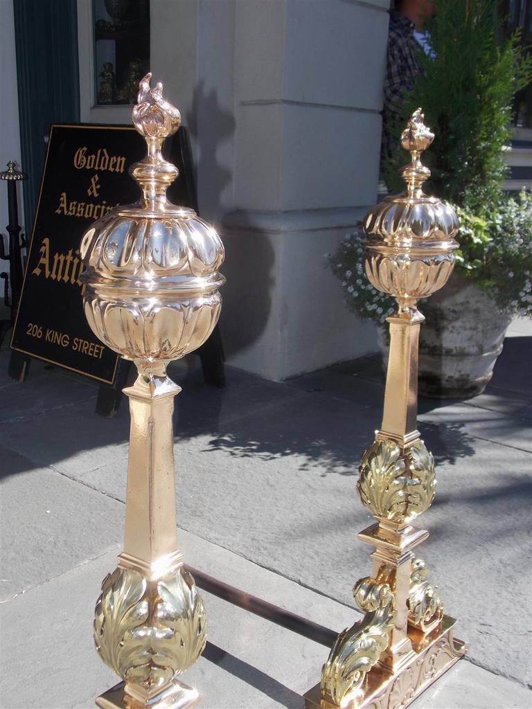 Pair of American Bronze Fluted Ball Top and Flame Andirons, Circa 1840 For Sale 1