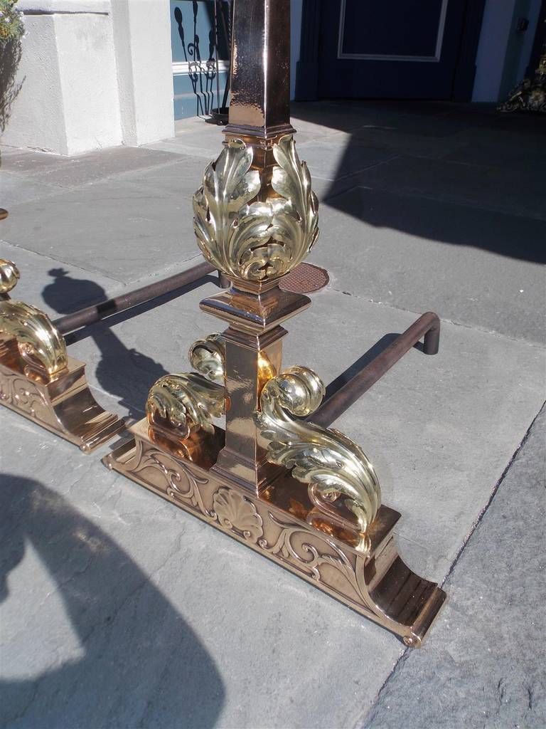Pair of American Bronze Fluted Ball Top and Flame Andirons, Circa 1840 For Sale 3