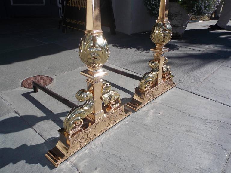 Pair of American Bronze Fluted Ball Top and Flame Andirons, Circa 1840 For Sale 4
