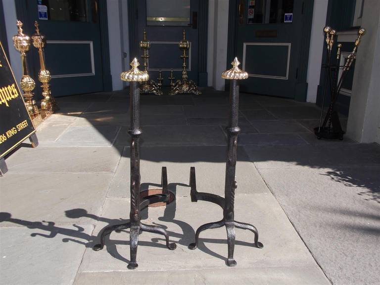 Pair of American wrought iron and brass melon top andirons with turned centered column, spit hooks, and terminating on stylized penny feet. Note: Centered columns of andirons were made from axles of a horse drawn carriage, Late 18th century.