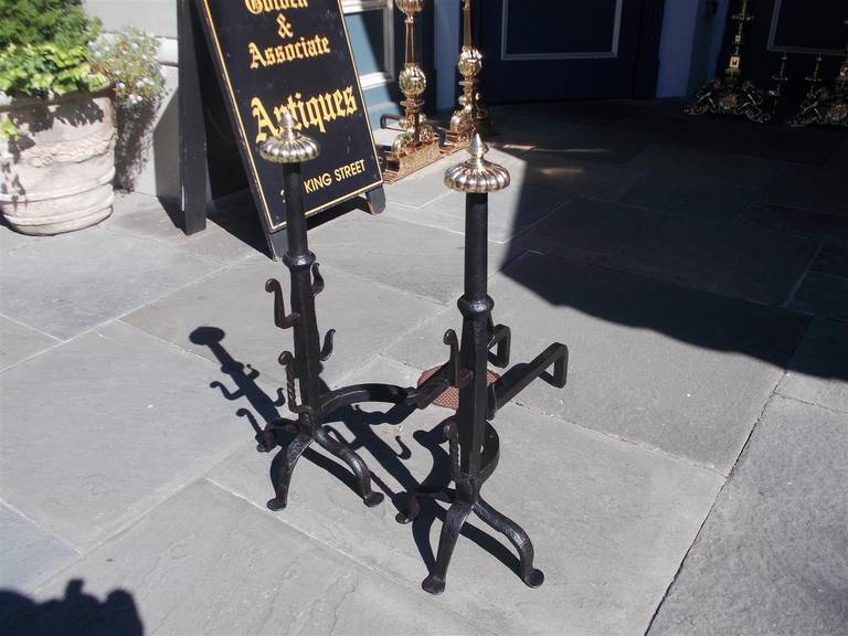 American Classical Pair of American Wrought Iron and Brass Melon Top Andirons, Circa 1780 For Sale