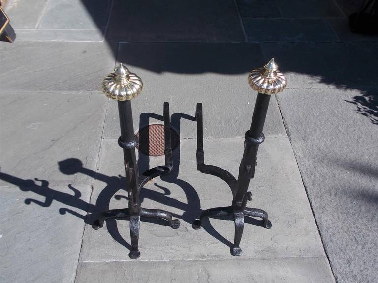 Pair of American Wrought Iron and Brass Melon Top Andirons, Circa 1780 In Excellent Condition For Sale In Hollywood, SC