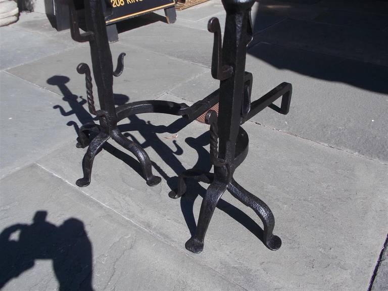 Pair of American Wrought Iron and Brass Melon Top Andirons, Circa 1780 For Sale 2