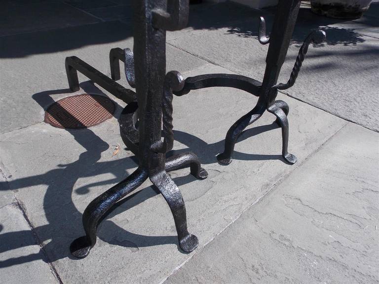 Pair of American Wrought Iron and Brass Melon Top Andirons, Circa 1780 For Sale 3