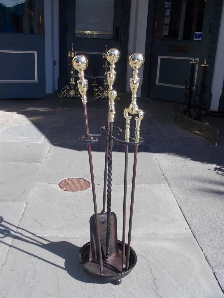 Set of American Wrought Iron and Brass Ball Top Fire Tools on Stand, Circa 1820