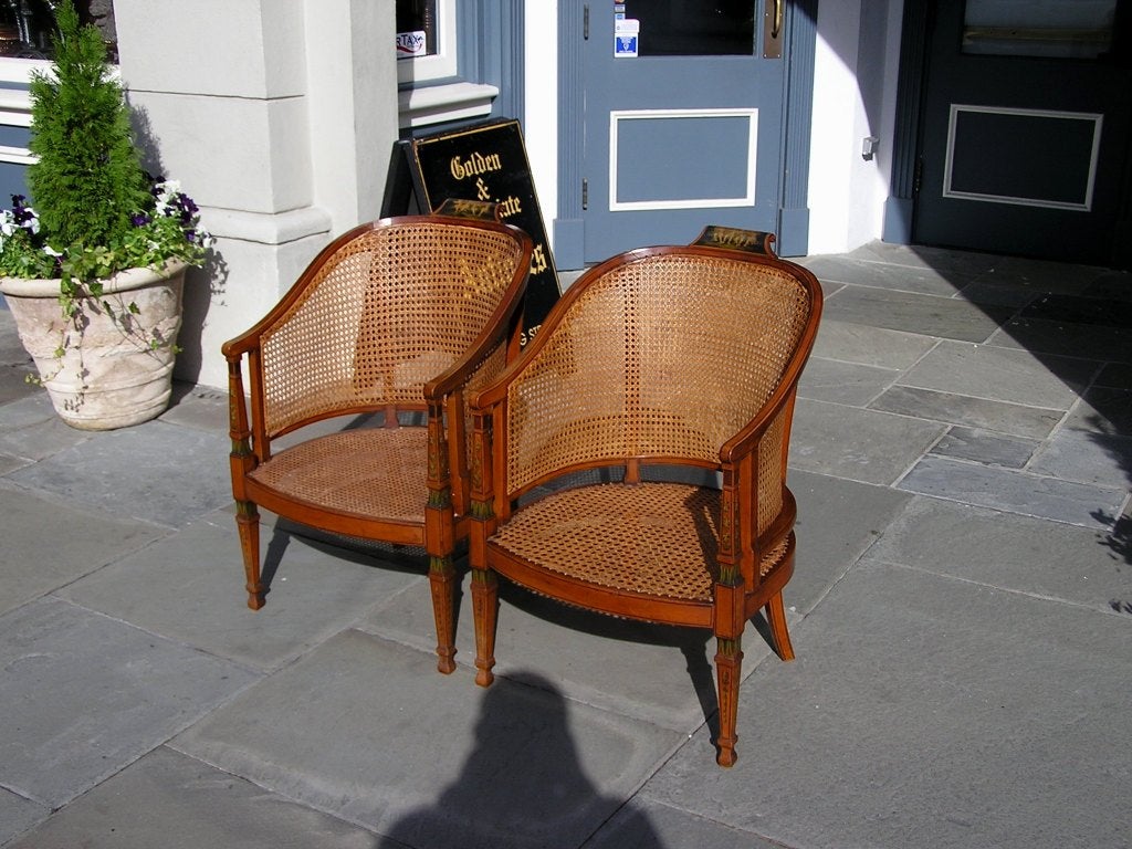 Pair of English Edwardian Painted and Cane Arm Chairs. Early 20th Century 1