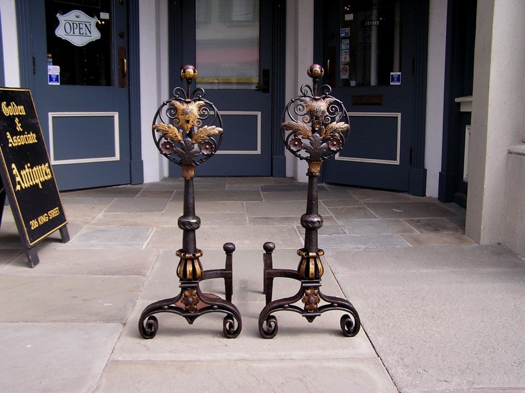 Neoclassical Pair of Italian Wrought Iron & Poly Chromed Medallion Andirons w/ Log Stops 1810 For Sale