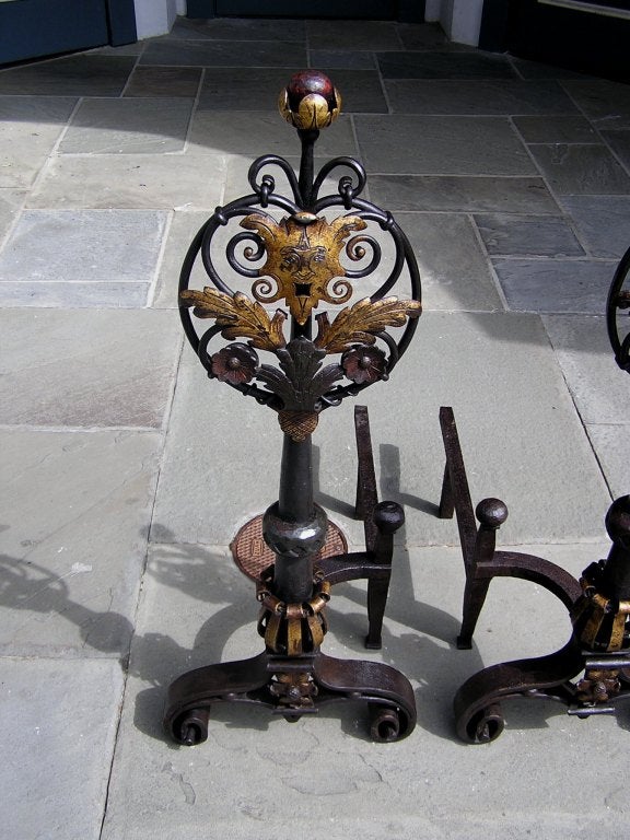 Hammered Pair of Italian Wrought Iron & Poly Chromed Medallion Andirons w/ Log Stops 1810 For Sale