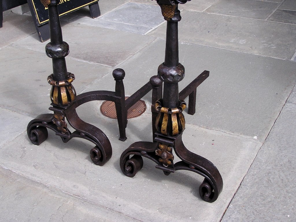 Pair of Italian Wrought Iron & Poly Chromed Medallion Andirons w/ Log Stops 1810 For Sale 2