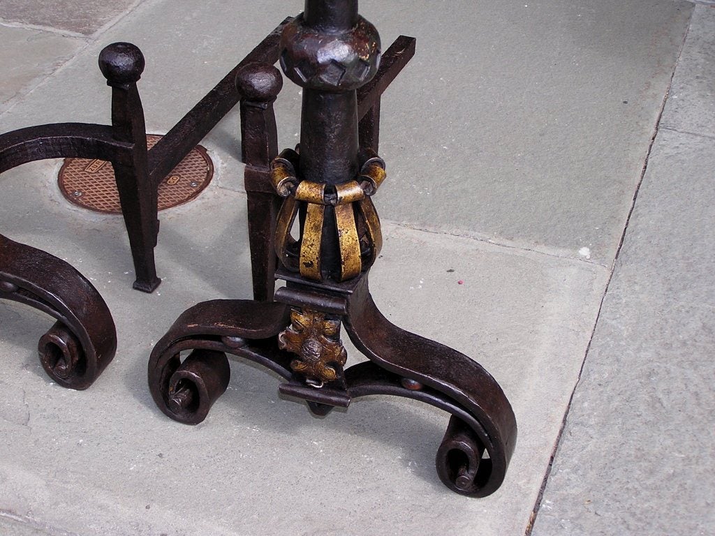 Pair of Italian Wrought Iron & Poly Chromed Medallion Andirons w/ Log Stops 1810 For Sale 3