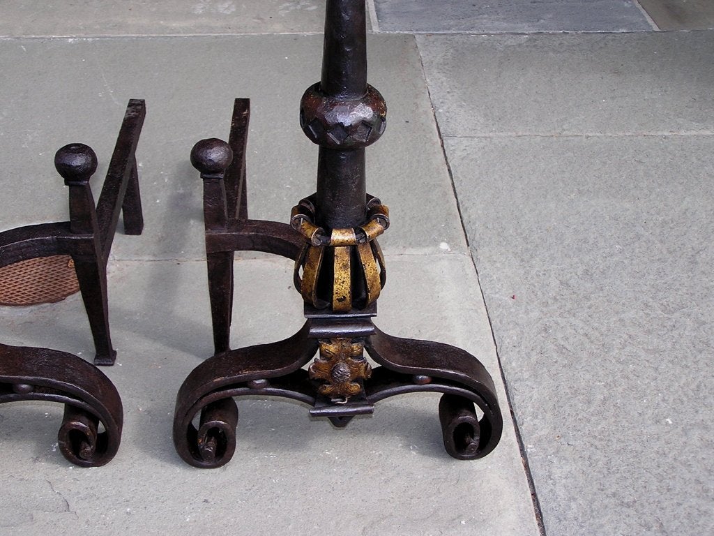 Pair of Italian Wrought Iron & Poly Chromed Medallion Andirons w/ Log Stops 1810 For Sale 4