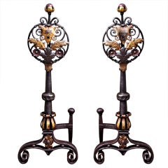 Pair of Italian Wrought Iron and Polychromed Medallion Andirons 12