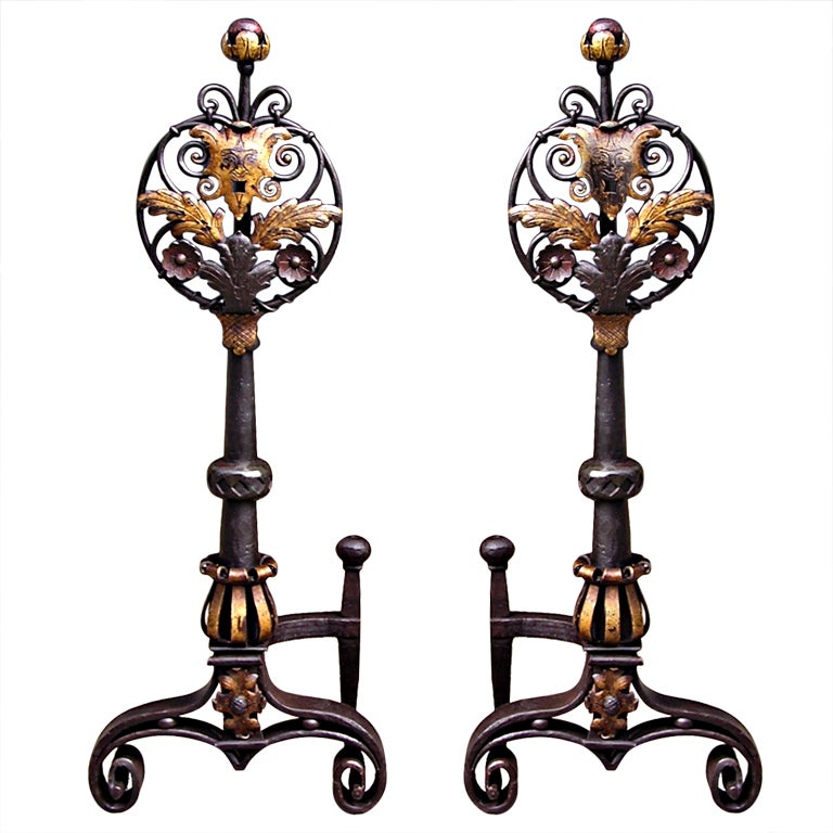 Pair of Italian Wrought Iron & Poly Chromed Medallion Andirons w/ Log Stops 1810 For Sale