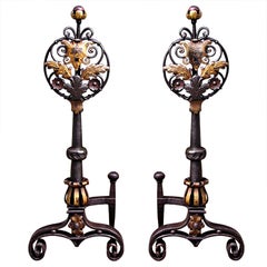 Pair of Italian Wrought Iron & Poly Chromed Medallion Andirons w/ Log Stops 1810