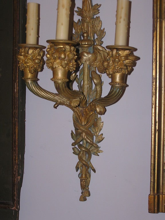 Pair of Italian Gilt Bronze Ormolu Ribbon & Foliage Three Arm Sconces. C. 1820 For Sale 1