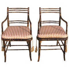 Antique Pair of English Regency Painted Faux Bamboo Arm Chairs. Circa 1790