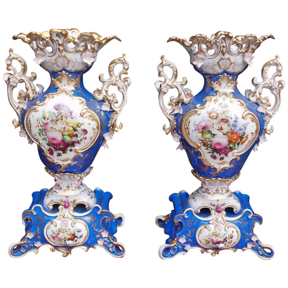Pair of French Old Paris Decorative Vases.  Circa 1850 For Sale
