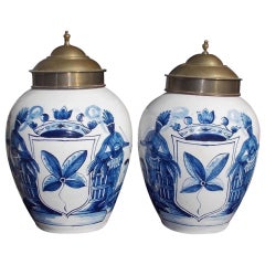 Antique Pair of Dutch Hand-Painted and Glazed Tobacco Jars, Circa 1770