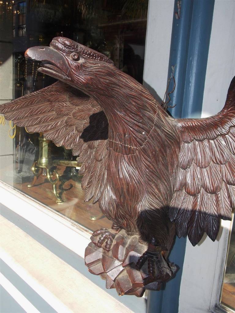 19th Century American Carved Walnut Perched Eagle. Circa 1840 For Sale