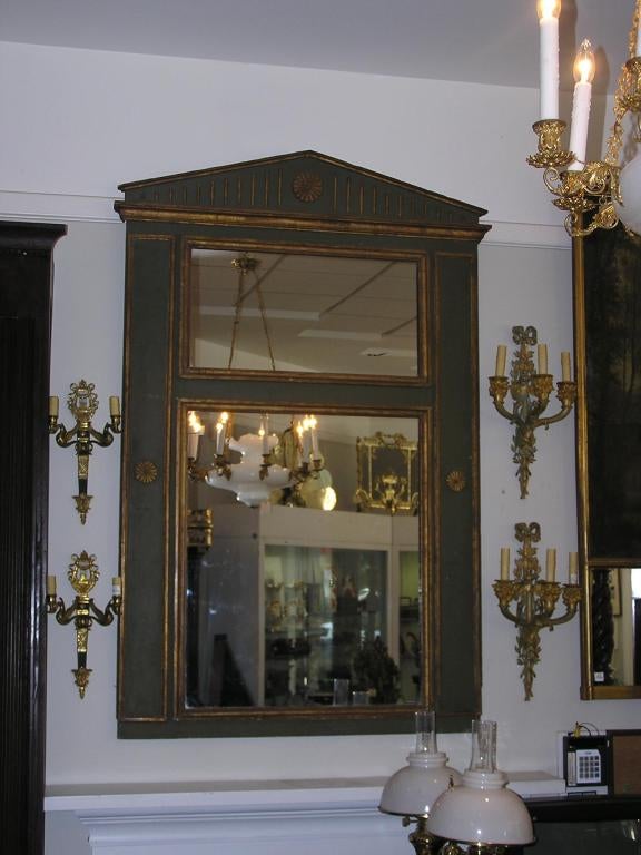 Louis Philippe French Palladian Painted & Gilt Trumeau Mirror with Floral Medallions, C. 1810 For Sale