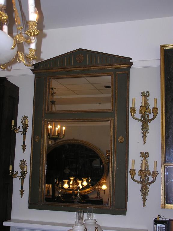 Hand-Carved French Palladian Painted & Gilt Trumeau Mirror with Floral Medallions, C. 1810 For Sale