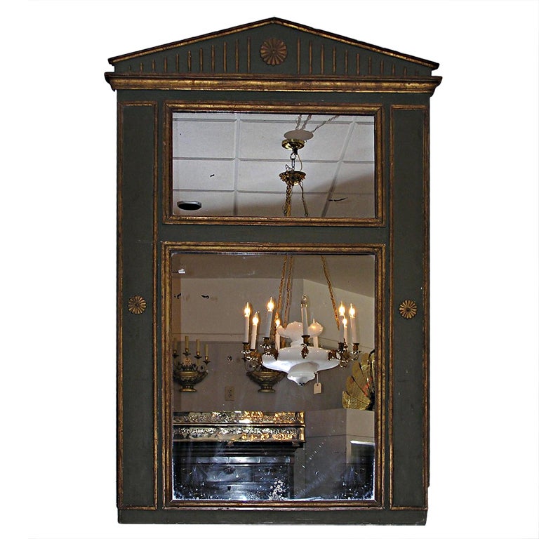 French Palladian Painted & Gilt Trumeau Mirror with Floral Medallions, C. 1810 For Sale