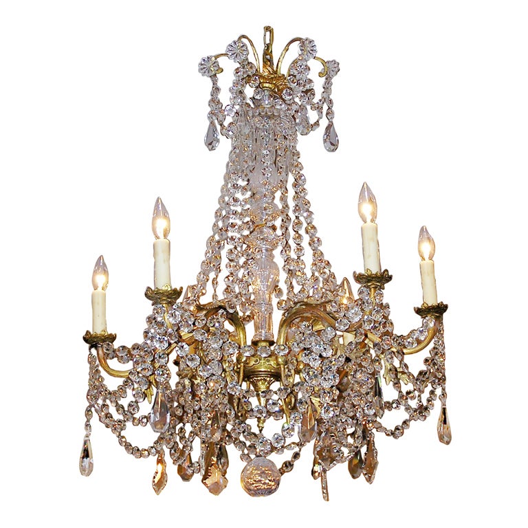 French Gilt Bronze and Crystal Six Light Chandelier, Circa 1820