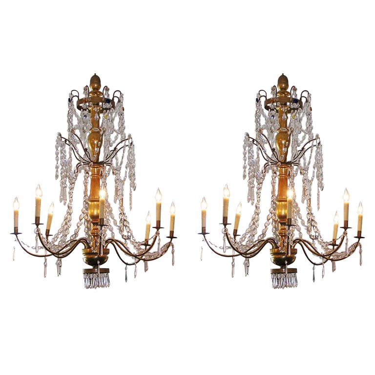 Pair of Italian Gilt Carved Wood & Crystal Eight Bronze Arm Chandeliers, C. 1790 For Sale