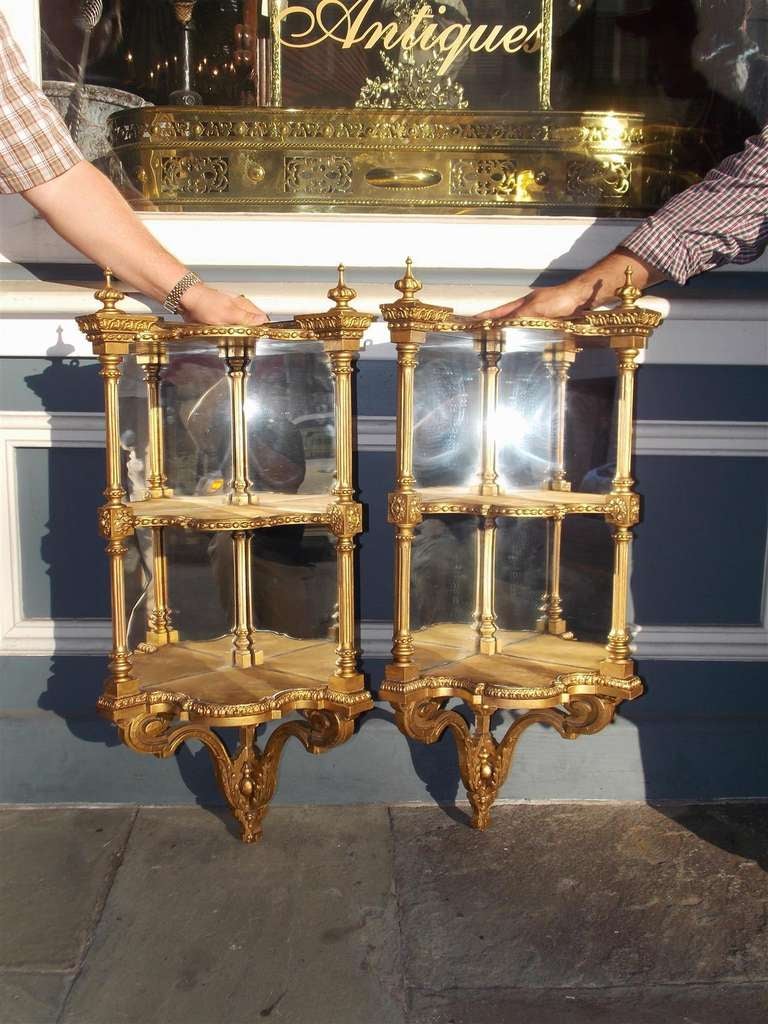 Neoclassical Pair of Italian Gilt Carved Three Tiered Corner Hanging Wall Brackets. C. 1810