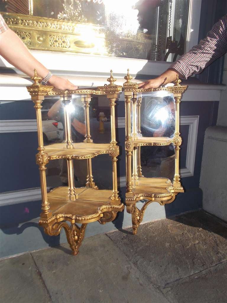 Hand-Carved Pair of Italian Gilt Carved Three Tiered Corner Hanging Wall Brackets. C. 1810