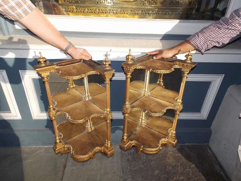 Pair of Italian Gilt Carved Three Tiered Corner Hanging Wall Brackets. C. 1810 In Excellent Condition In Hollywood, SC